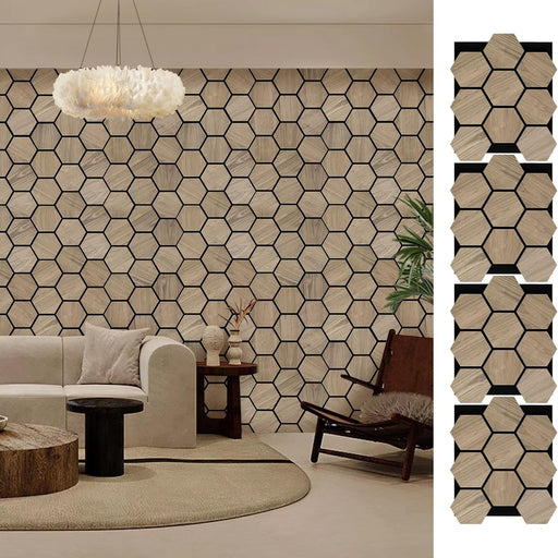 Modern living room with Unisoar premium American walnut acoustic hexagon wall panels for stylish sound absorption