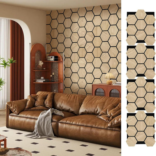 Modern living room with hexagon oak acoustic panels on feature wall