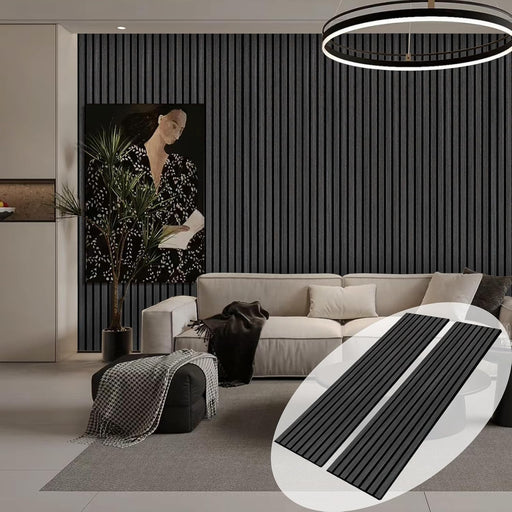 Modern living room with Unisoar Engineered Black Oak Acoustic Slat Panels on the accent wall