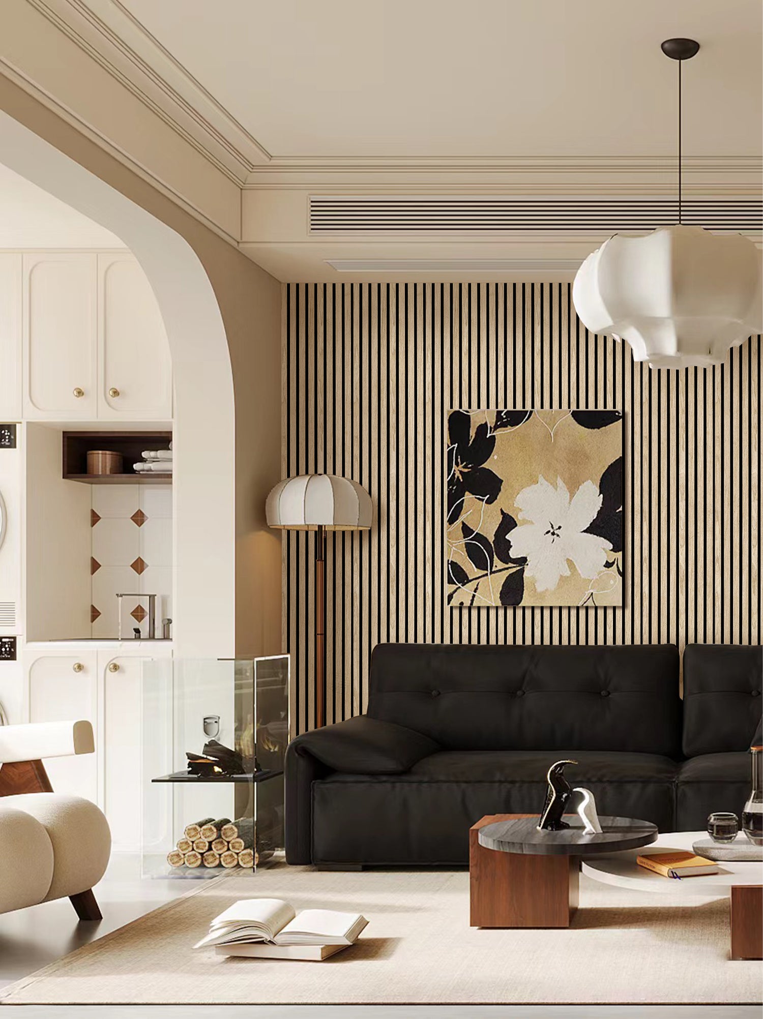 Sample display of vertical wood wall panels in a modern interior, promoting free shipping for trial orders