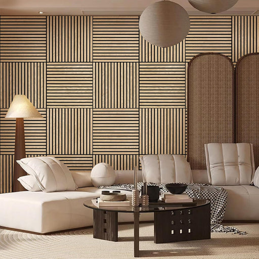 Modern living room with decorative wall panels and a coffee table.