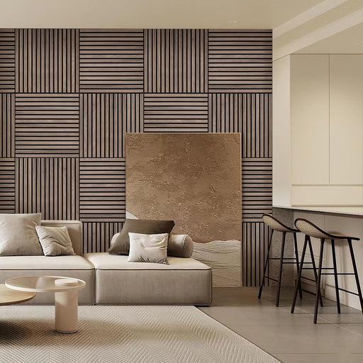 Neutral-toned open living space with premium Unisoar square walnut acoustic panels installed as statement wall decor