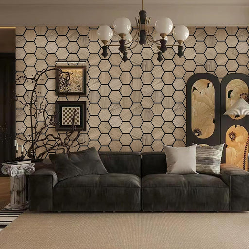 Vintage dark-themed lounge with honeycomb pattern wood wall accents for acoustic and aesthetic boost