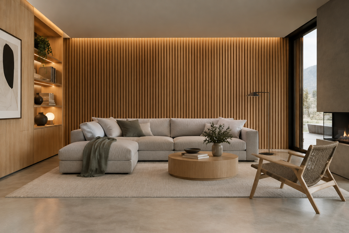 Living room with acoustic wood panels