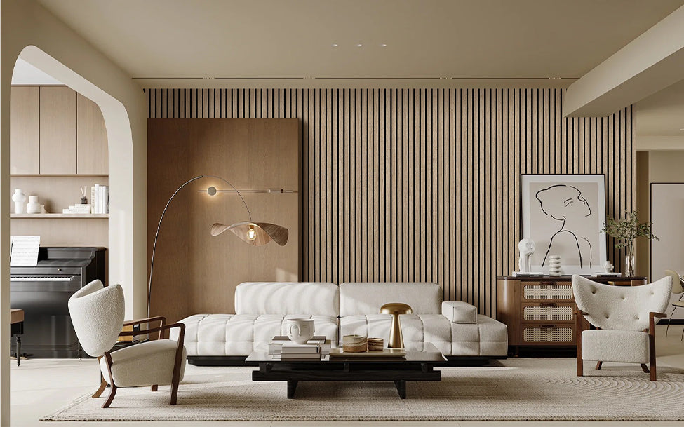 Modern living room featuring vertical acoustic wood panels for sound absorption and minimalist interior aesthetics