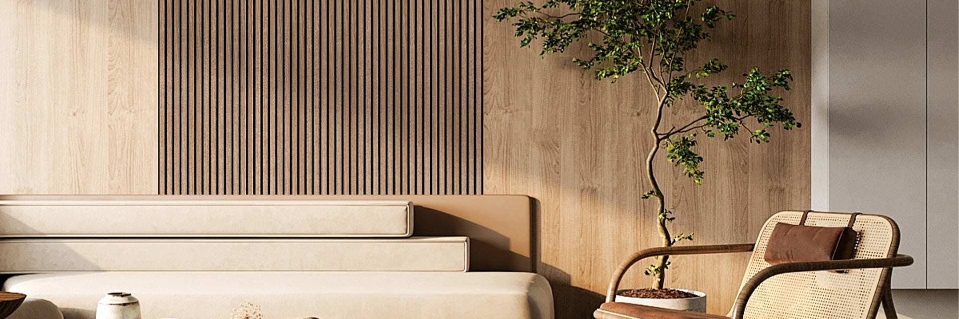 Sustainable wood acoustic panels in a warm modern interior with natural elements and minimalist furniture

