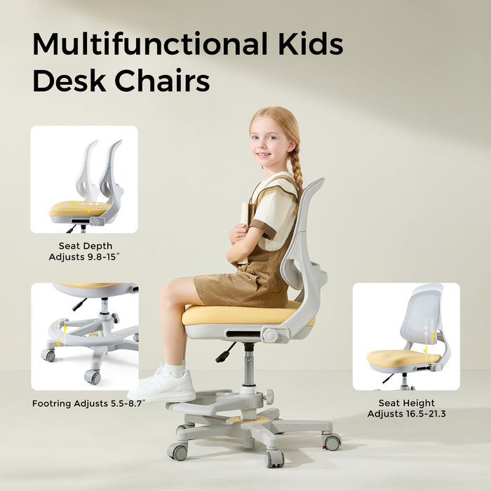 Ergonomic Kids Desk Chair – Adjustable Height & Depth Study Chair with Detachable Foot Pedal & Self-Locking Casters, Breathable Mesh Back, for Ages 3–12