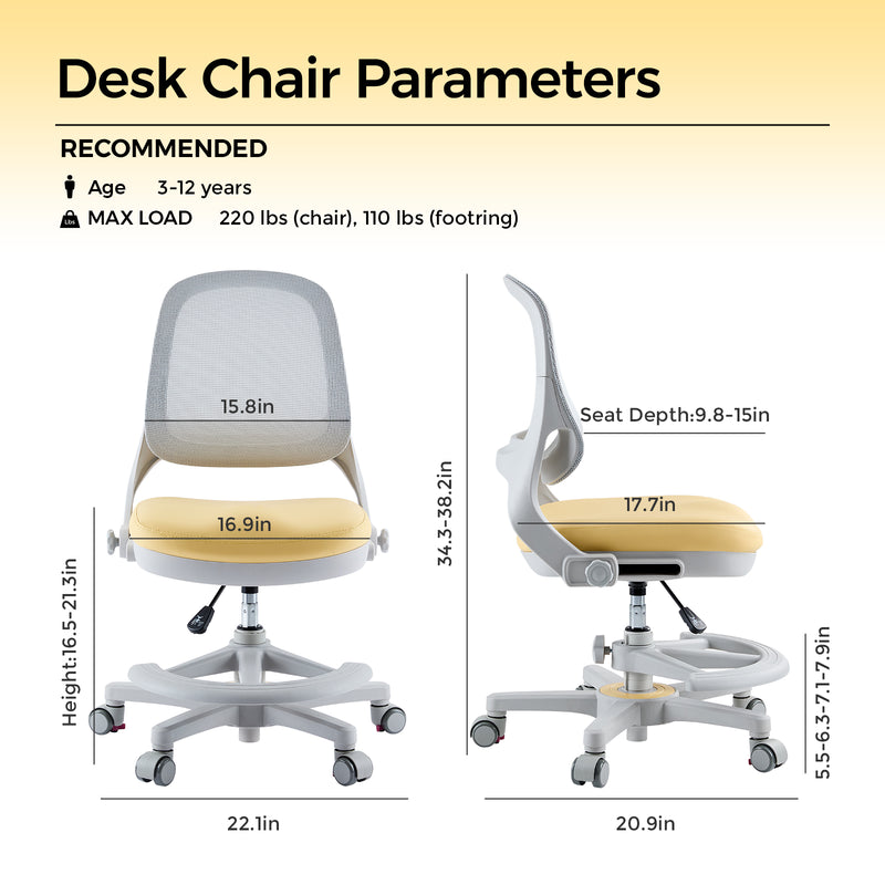 Ergonomic Kids Desk Chair – Adjustable Height & Depth Study Chair with Detachable Foot Pedal & Self-Locking Casters, Breathable Mesh Back, for Ages 3–12
