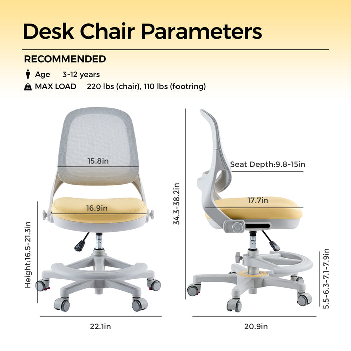 Ergonomic Kids Desk Chair – Adjustable Height & Depth Study Chair with Detachable Foot Pedal & Self-Locking Casters, Breathable Mesh Back, for Ages 3–12