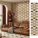 Modern living room with hexagon oak acoustic panels on feature wall