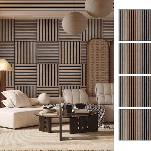 Modern living room featuring square walnut acoustic wall panels arranged in alternating vertical and horizontal patterns