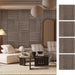 Modern living room featuring square walnut acoustic wall panels arranged in alternating vertical and horizontal patterns