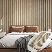 American white oak acoustic slat wood wall panels installed behind bed in modern bedroom interior