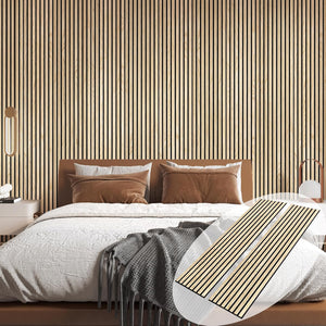 American white oak acoustic slat wood wall panels installed behind bed in modern bedroom interior