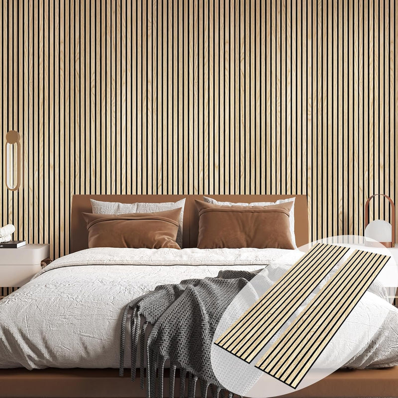 American white oak acoustic slat wood wall panels installed behind bed in modern bedroom interior