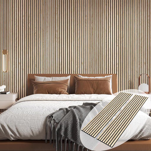 American white oak acoustic slat wood wall panels installed behind bed in modern bedroom interior