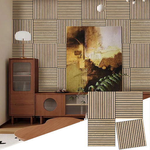 Modern interior design with wooden furniture and abstract wall art against a geometric-patterned wall.
