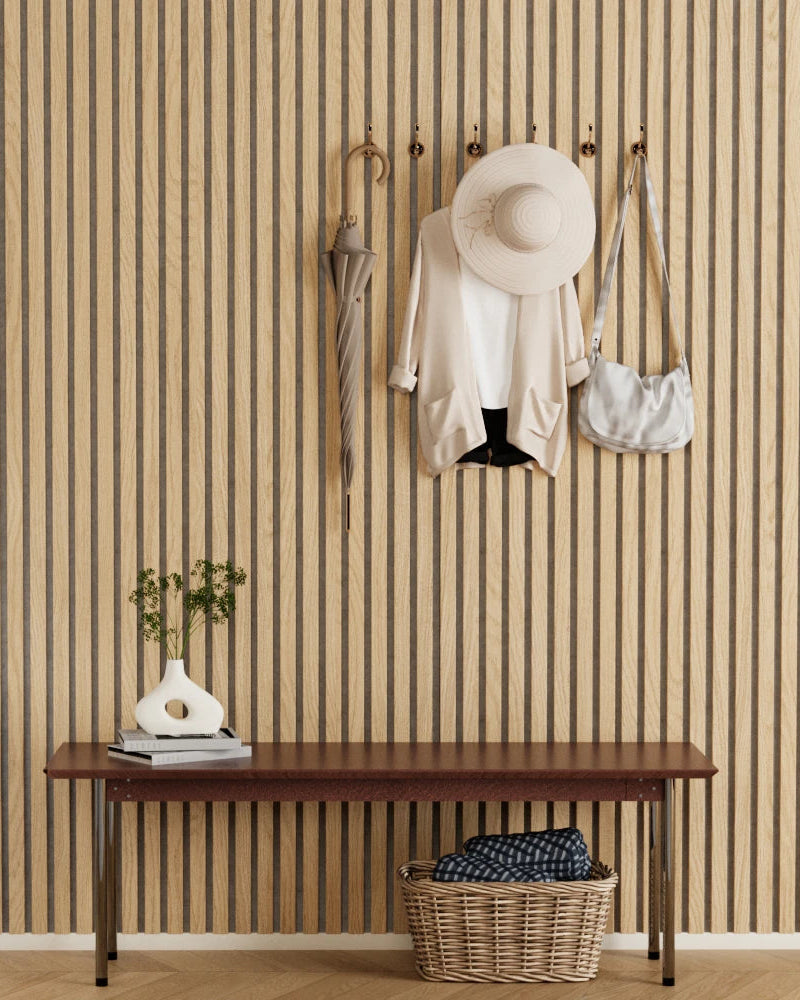 Paneles de pared acústicos de madera de roble de lujo (fieltro gris) con listones y chapa en una cara – Unisoar