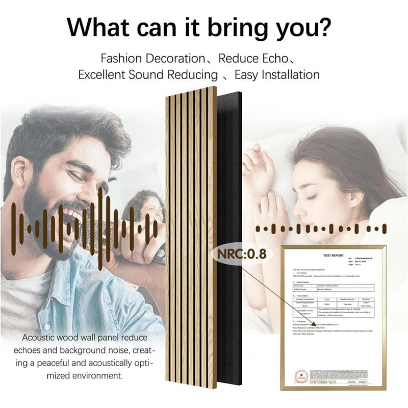 Sound absorbing wood slat panel with NRC 0.8 rating used for echo reduction in living and bedroom