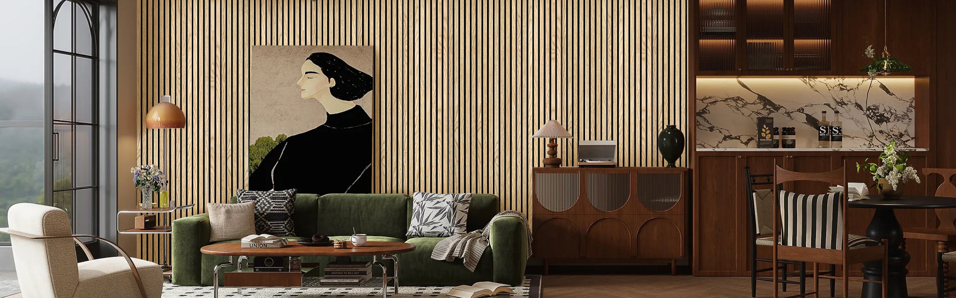 Warm and stylish home space with light oak slat wood panels, velvet sofa, and mid-century decor accents