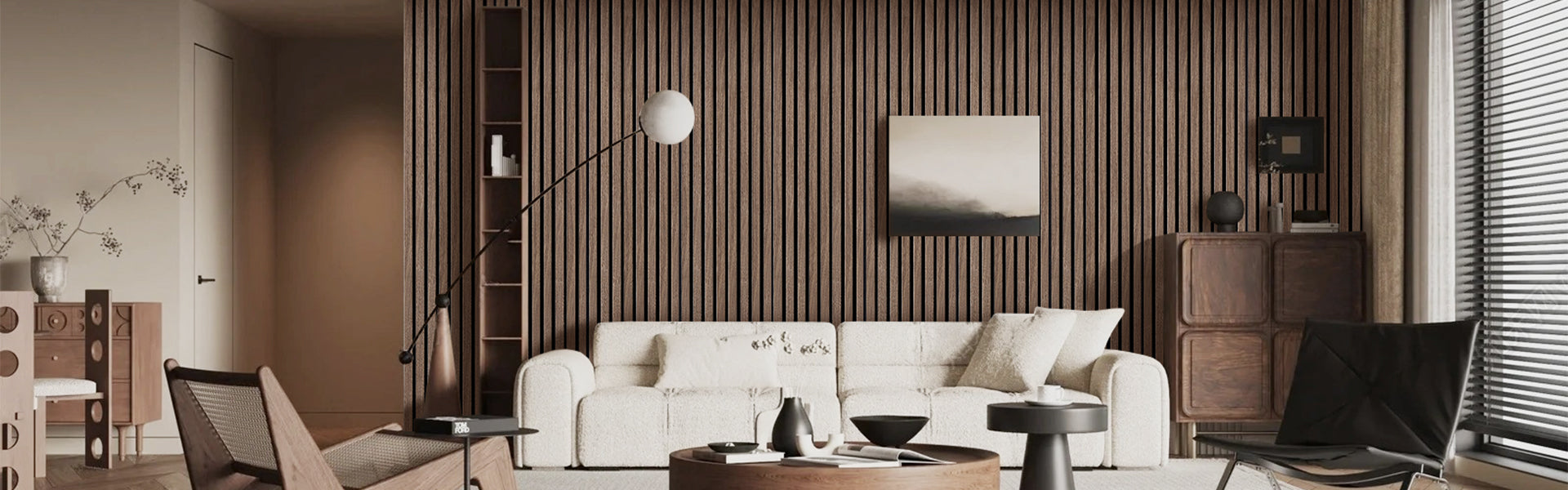 Scandinavian-inspired interior with walnut acoustic wood slat panels and cozy neutral-toned sofa set