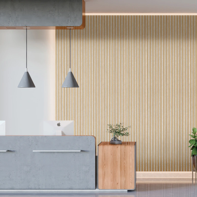Paneles de pared acústicos de madera de roble de lujo (fieltro gris) con listones y chapa en una cara – Unisoar
