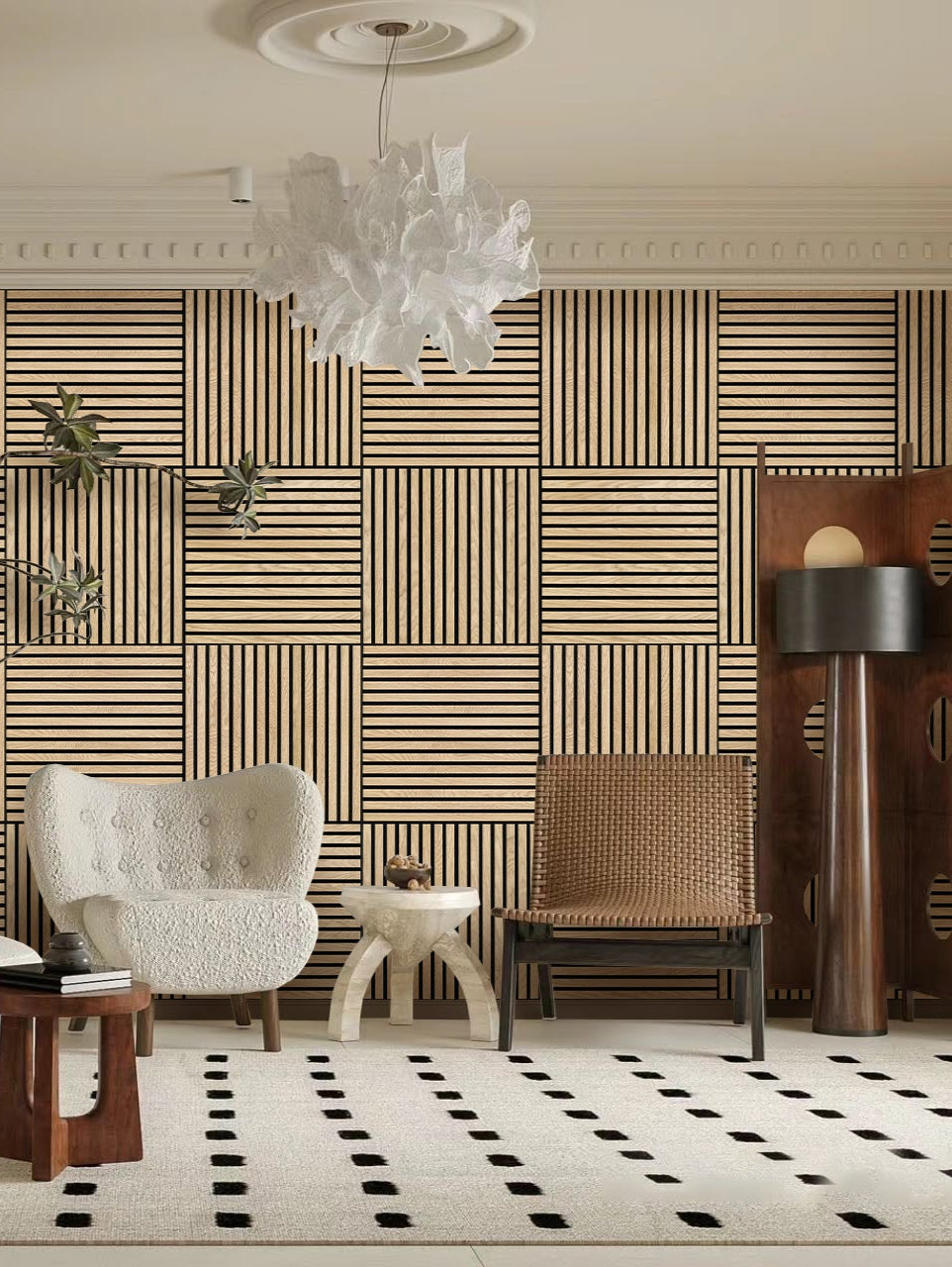 Eclectic living room featuring striped acoustic square wall panels and modern mid-century furniture
