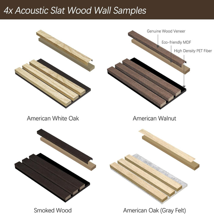 Acoustic slat wood wall samples in different finishes on a white background