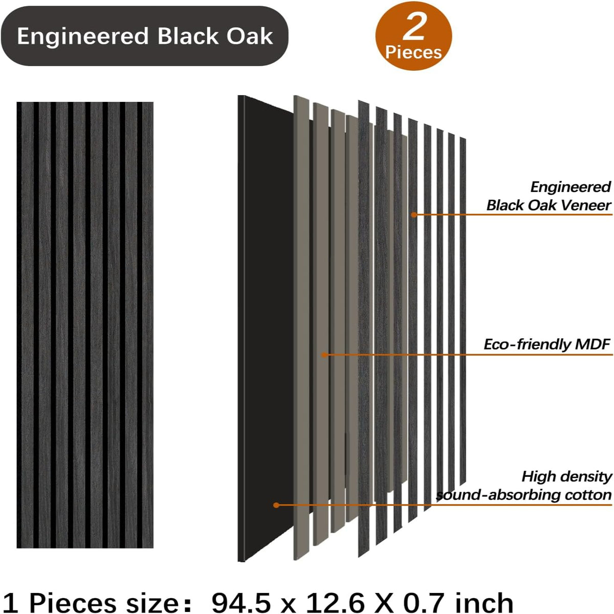 Cutaway view of Unisoar black oak acoustic panel showing MDF core and sound-absorbing layers