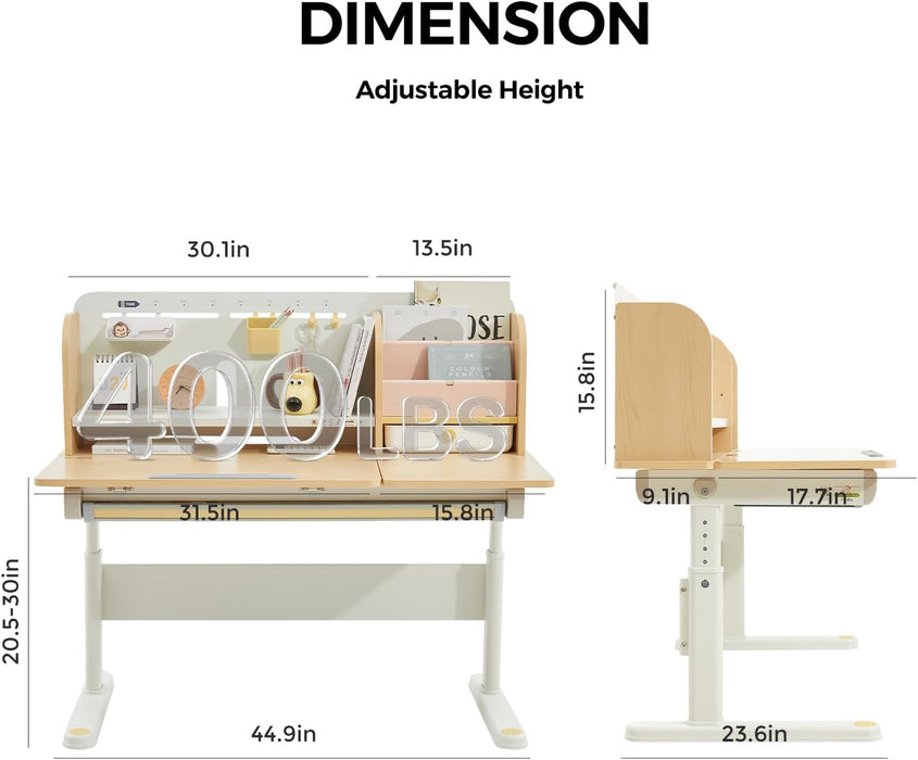 47" Kids Adjustable Height Desk, Solid Wood Tilt Table w/ Bookshelf