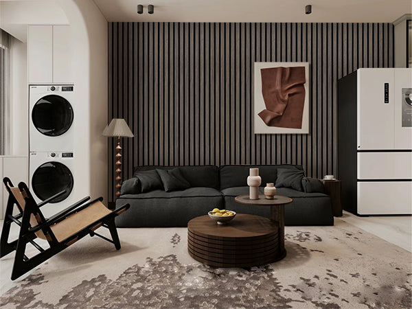 Contemporary interior with dark acoustic slat wood panels, showcasing stylish wall decor in walnut and oak finishes