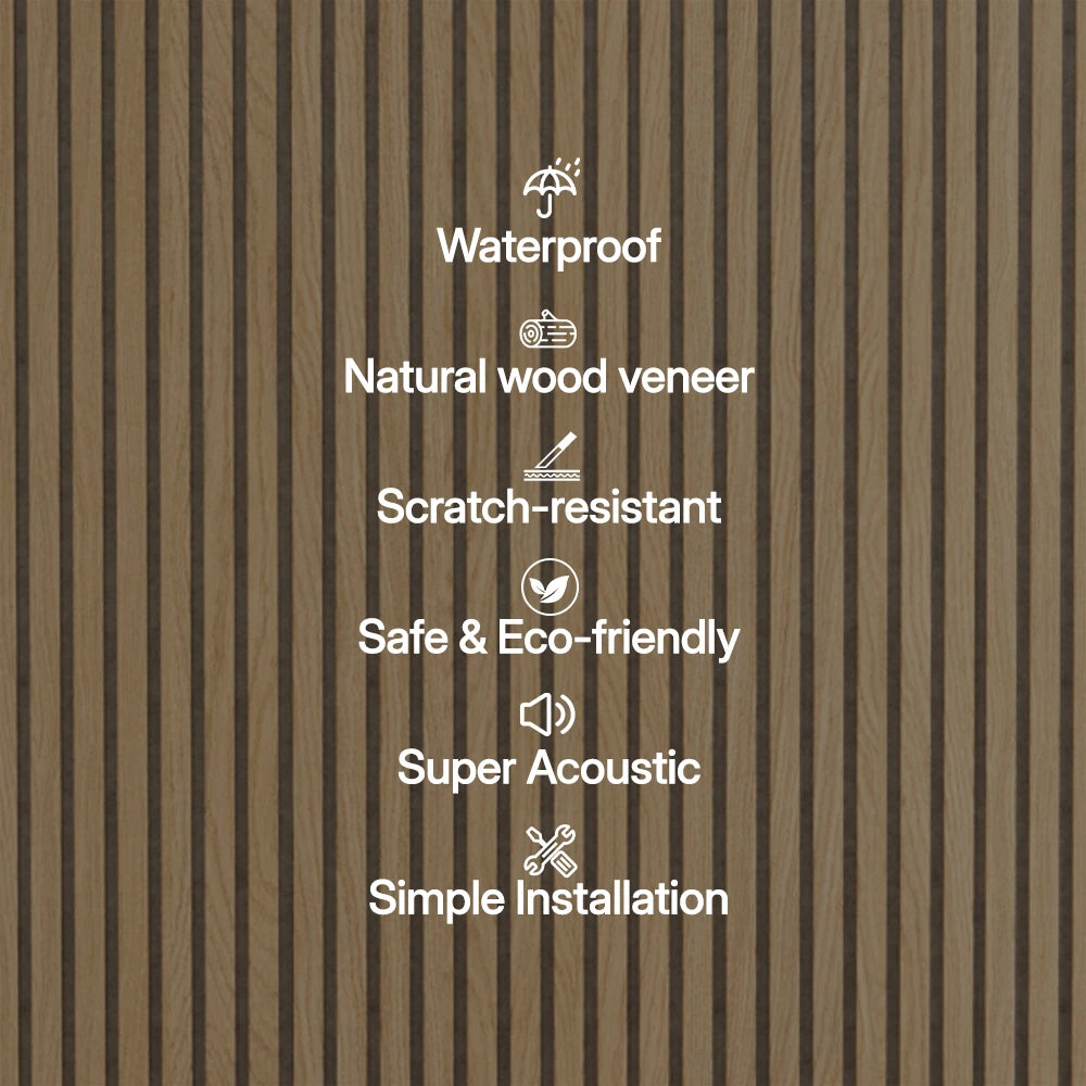 Paneles de pared acústicos de madera de roble de lujo (fieltro gris) con listones y chapa en una cara – Unisoar