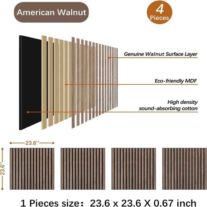 Exploded view of Unisoar American walnut acoustic panel showing layers of real wood veneer MDF and sound-absorbing cotton