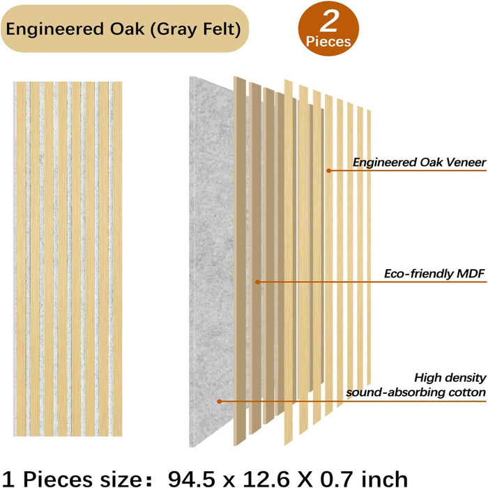 Cross-section showing oak veneer, MDF core, and gray felt layers in acoustic wall panel