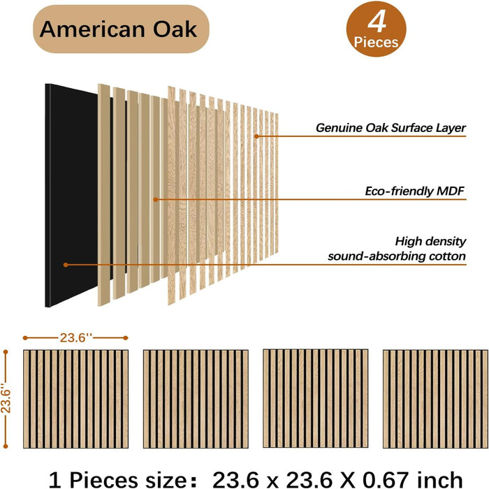 Diagram of American Oak sound-absorbing panels with layers and dimensions.