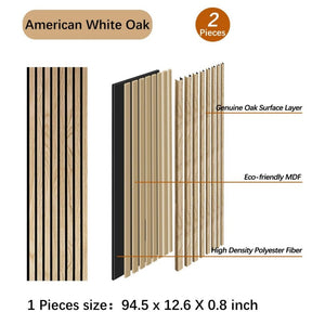 Exploded view of acoustic wood wall panel with oak veneer MDF core and polyester fiber backing