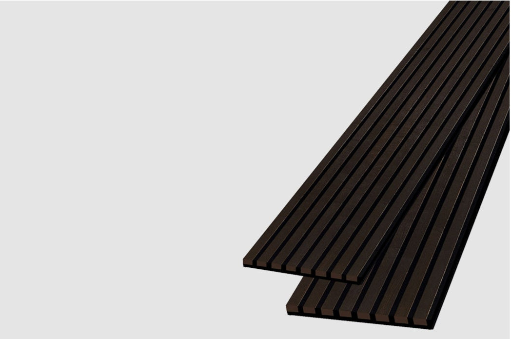 Close-up of black acoustic slat wall panels showcasing superior sound absorption
