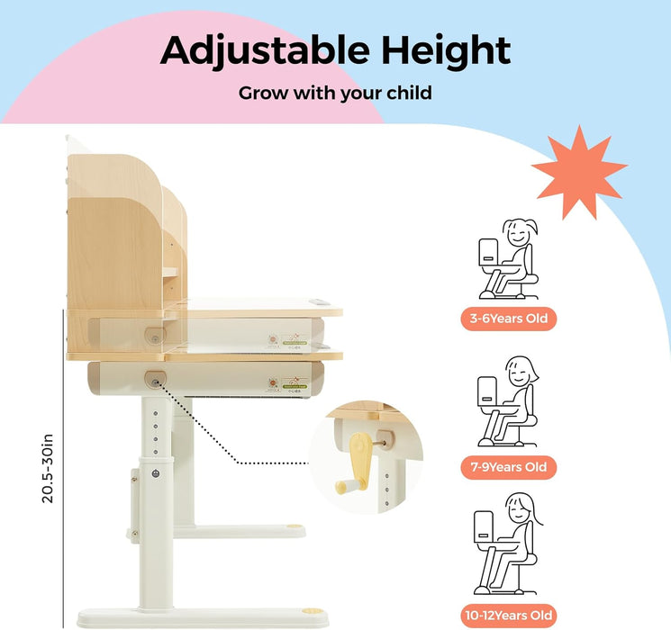 47" Kids Adjustable Height Desk, Solid Wood Tilt Table w/ Bookshelf