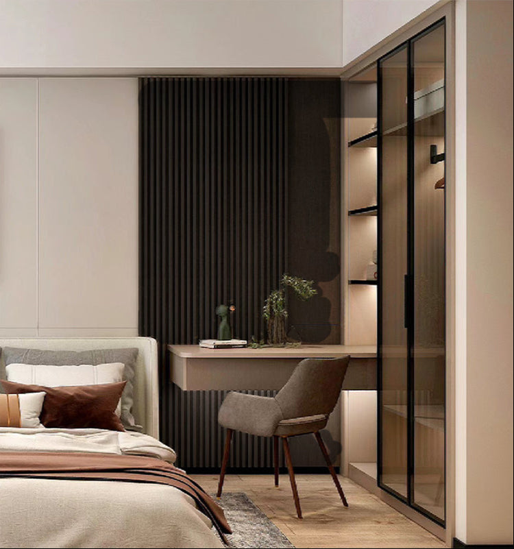 Modern bedroom corner with dark vertical acoustic panels and minimalist desk setup