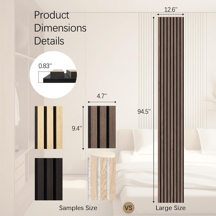 Product dimensions details with samples size and large size comparison on a neutral background.