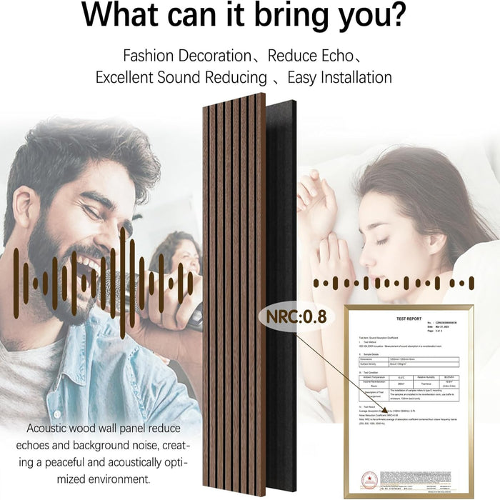 Acoustic wood wall panel with text on its benefits and a certification on a white background.