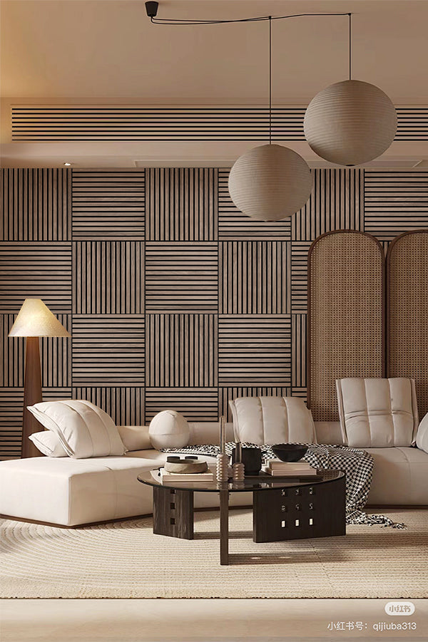 Living room with customizable DIY wooden wall panels, highlighting handcrafted home decor and creative panel assembly