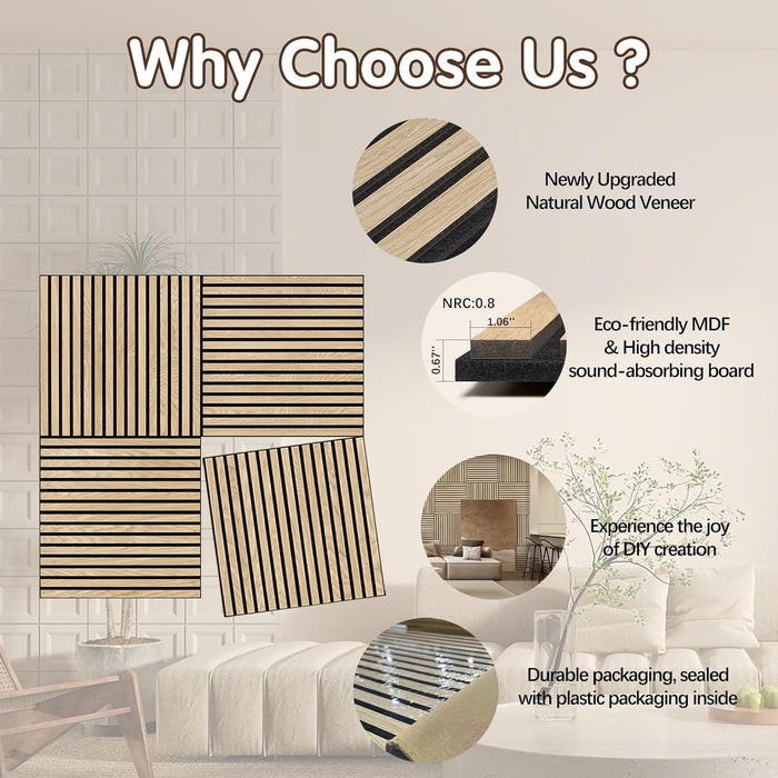 Promotional image of sound-absorbing panels with features highlighted on a neutral background.