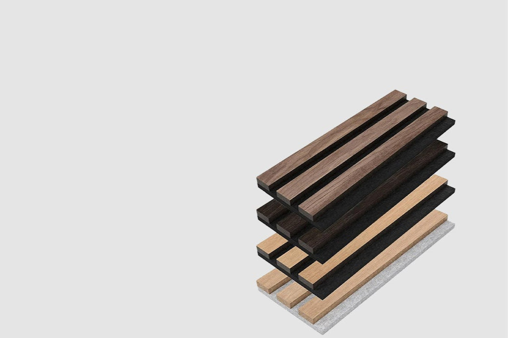 Stack of multicolor acoustic wood slat samples for interior wall panel customization