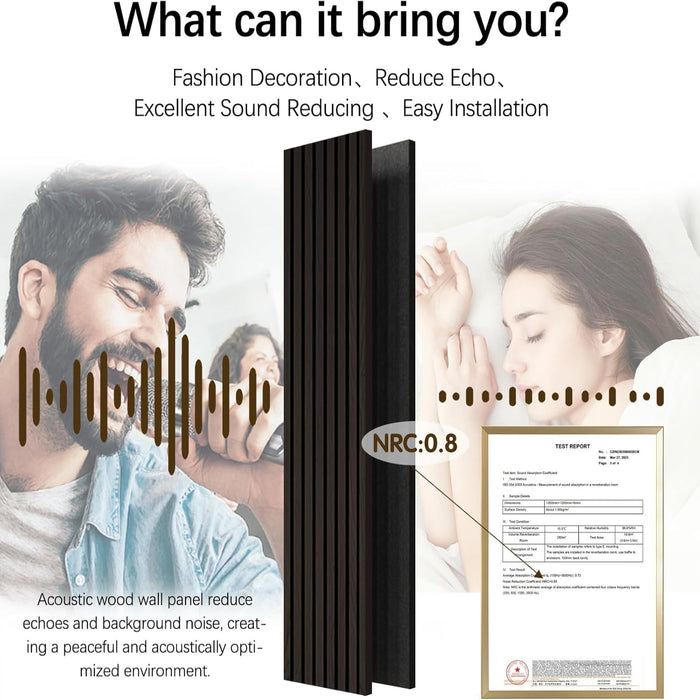 Acoustic wood wall panel with text on its benefits and a certification on a white background.