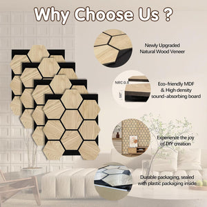 Four-piece American oak hexagon panel set with close-up of natural wood veneer and NRC 0.8 rating