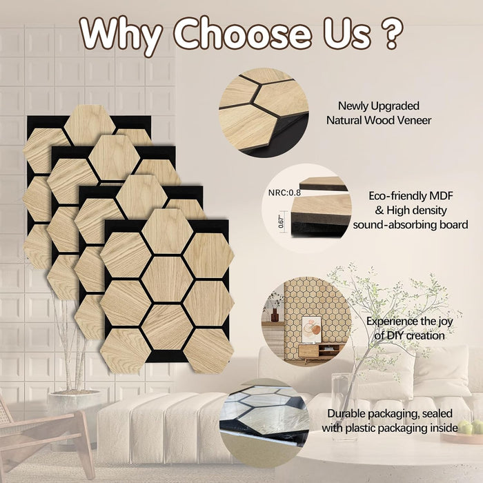 Four-piece American oak hexagon panel set with close-up of natural wood veneer and NRC 0.8 rating