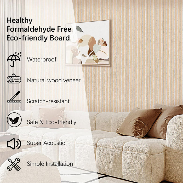  Eco-friendly oak slat acoustic panels by Unisoar installed in a modern living room interior