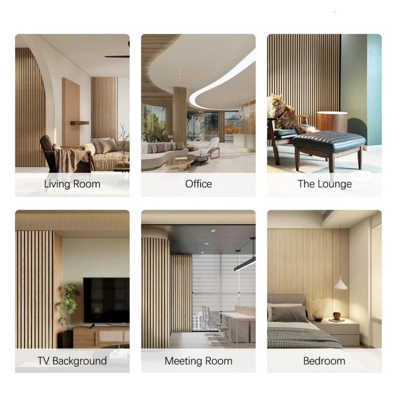 Modern acoustic wood slat panels used in various spaces including living room, office, lounge, bedroom, TV wall, and meeting room for sound absorption and elegant design.
