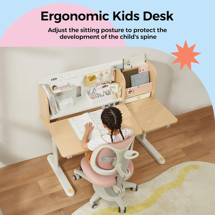 47" Kids Adjustable Height Desk, Solid Wood Tilt Table w/ Bookshelf